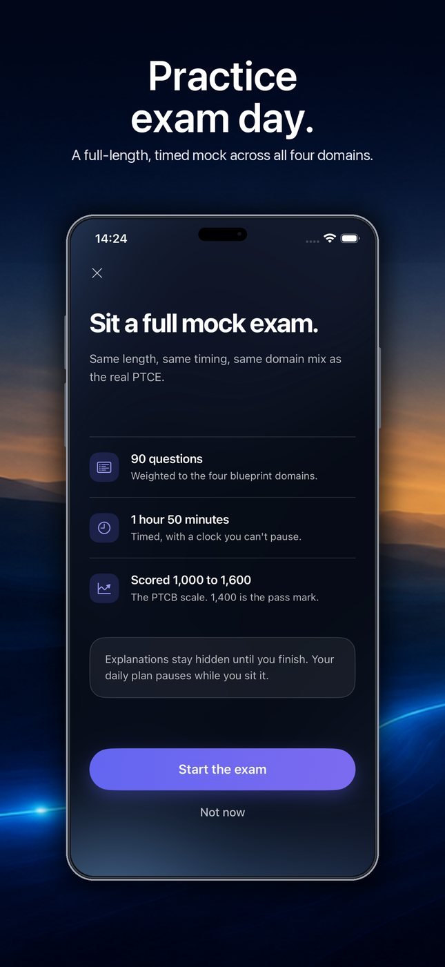 Mock exam start screen: ninety questions, one hour fifty minutes, scored 1,000 to 1,600 on the PTCB scale.