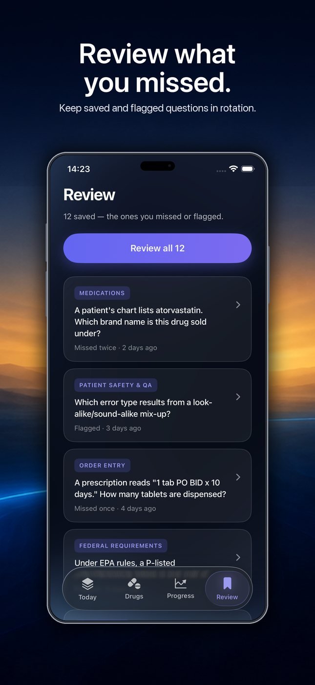 Review screen listing saved and flagged questions with their explanations, ready to put back into rotation.
