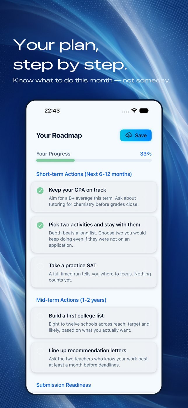 Roadmap screen showing progress at 33 percent, with short-term and mid-term actions listed as checkable steps.