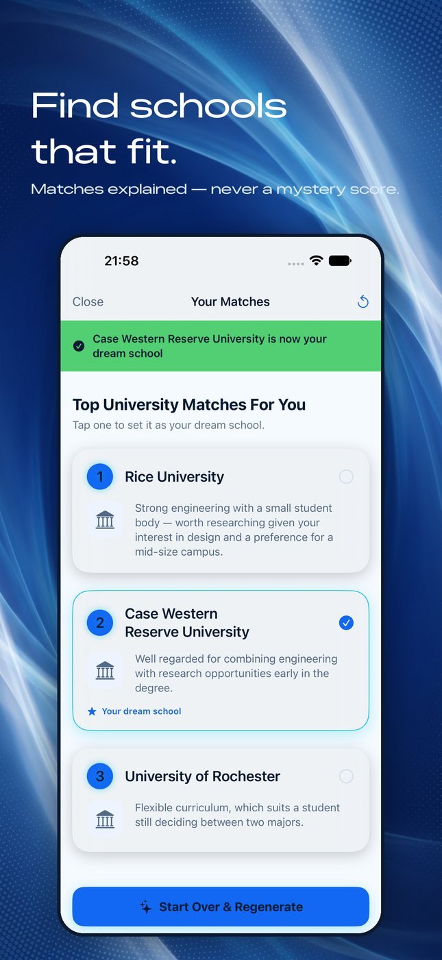 Your Matches screen listing three universities, each with a sentence explaining why it was suggested.